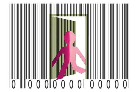 Paperman coming out of a bar code to go out Paperman coming out of a bar c... Stock-Fotos
