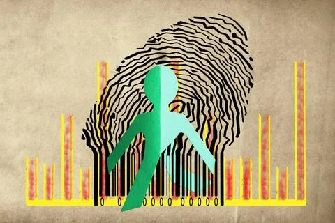 Paperman coming out of a bar code with Business Graph Paperman coming out ... Stock-Fotos