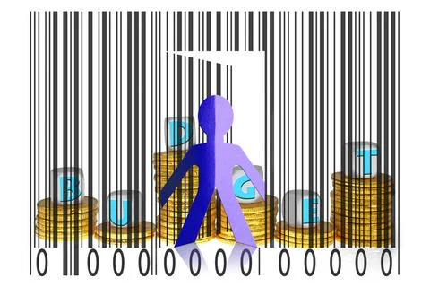 Paperman coming out of a bar code with Budget word Paperman coming out of ... Stock-Fotos