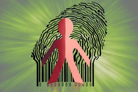 Paperman coming out of a bar code to go out Paperman coming out of a bar c... Stock-Fotos