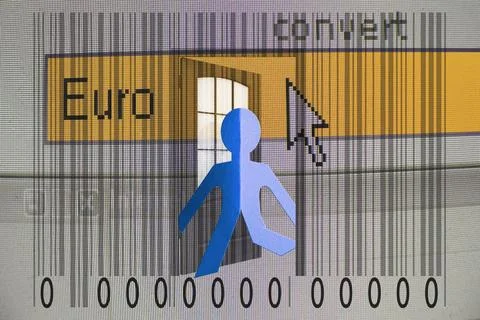 Paperman coming out of a bar code with Euro word Paperman coming out of a ... Stock Photos