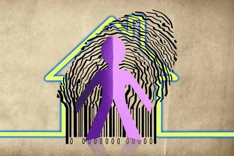 Paperman coming out of a bar code with Home Symbol Paperman coming out of ... Stock-Fotos