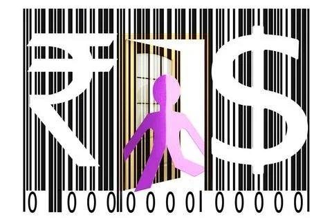 Paperman coming out of a bar code with Dollar and Rupee Signs Paperman com... Foto stock