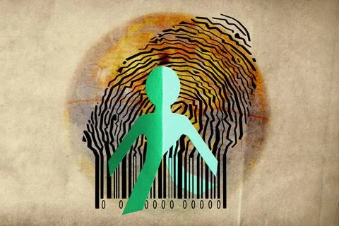 Paperman coming out of a bar code with Globe Paperman coming out of a bar ... 写真素材