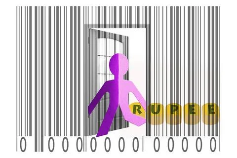 Paperman coming out of a bar code with Rupee word Paperman coming out of a... 写真素材