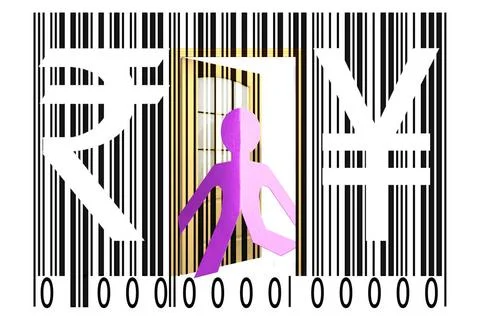 Paperman coming out of a bar code with Rupee and Yen Signs Paperman coming... 写真素材