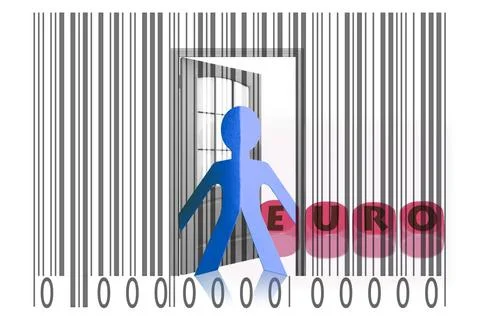 Paperman coming out of a bar code with Euro word Paperman coming out of a ... Stock-Fotos