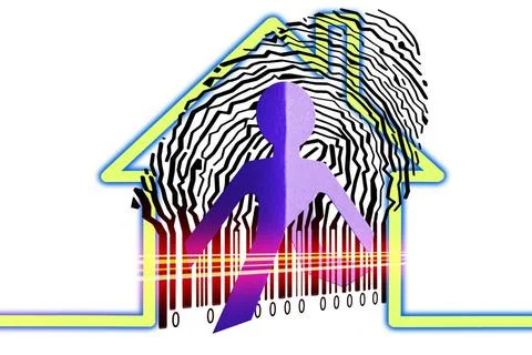 Paperman coming out of a bar code with Home Symbol Paperman coming out of ... 写真素材