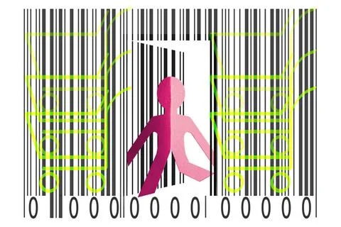 Paperman coming out of a bar code with shopping cart symbol Paperman comin... Foto stock