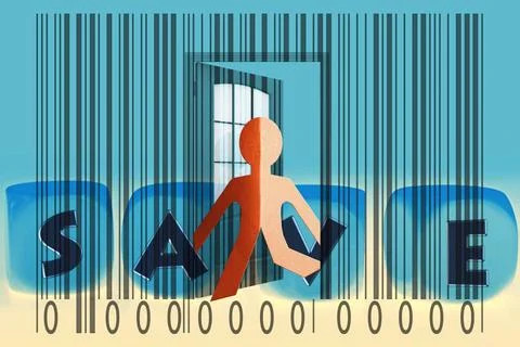 Paperman coming out of a bar code with Save word Paperman coming out of a ... 写真素材