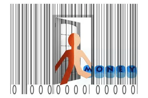 Paperman coming out of a bar code with Money word Paperman coming out of a... 写真素材