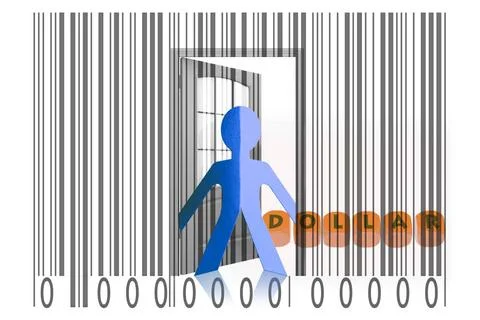 Paperman coming out of a bar code with Dollar word Paperman coming out of ... Stock-Fotos