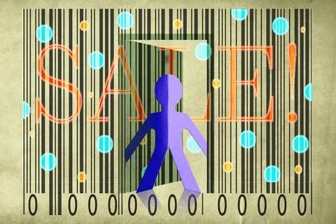 Paperman coming out of a bar code with Sale Word Paperman coming out of a ... 写真素材