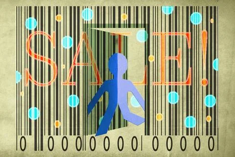 Paperman coming out of a bar code with Sale Word Paperman coming out of a ... Foto stock
