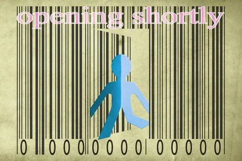Paperman coming out of a bar code with Opening shortly Words Paperman comi... Foto stock