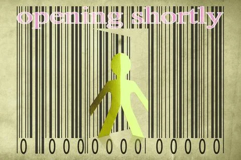 Paperman coming out of a bar code with Opening shortly Words Paperman comi... Foto stock
