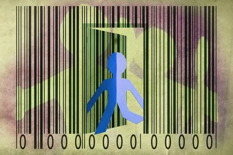 Paperman coming out of a bar code to go out Paperman coming out of a bar c... Stock Photos