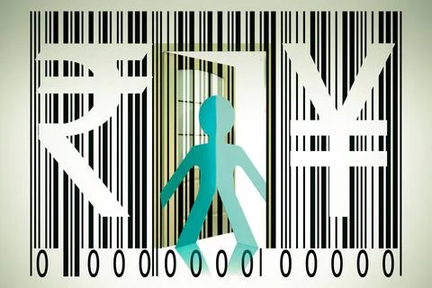 Paperman coming out of a bar code with Rupee and Yen Signs Paperman coming... Foto stock