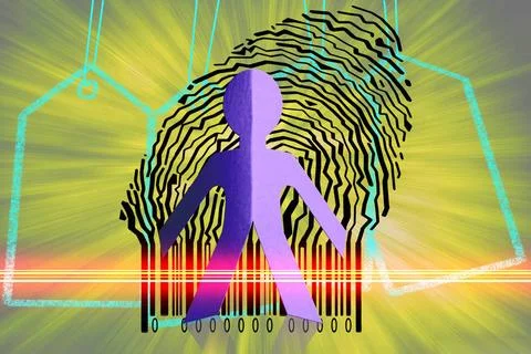 Paperman coming out of a bar code with Price Tags Paperman coming out of a... Foto stock