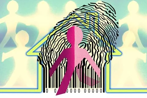 Paperman coming out of a bar code with Home Symbol Paperman coming out of ... Stock Photos