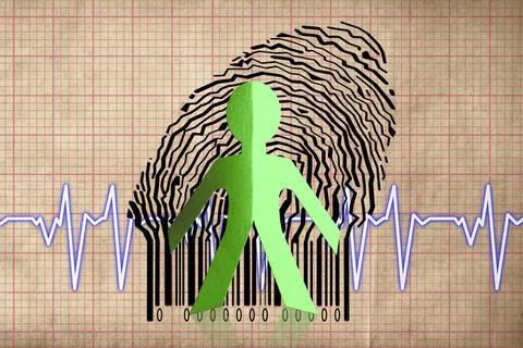 Paperman coming out of a bar code with cardiogram Paperman coming out of a... Foto stock