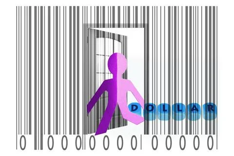 Paperman coming out of a bar code with Dollar word Paperman coming out of ... Stock-Fotos
