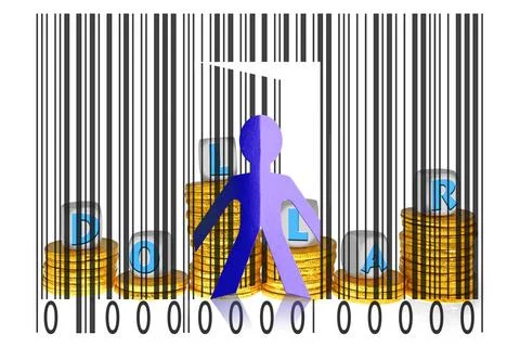 Paperman coming out of a bar code with Dollars word Paperman coming out of... Stock-Fotos