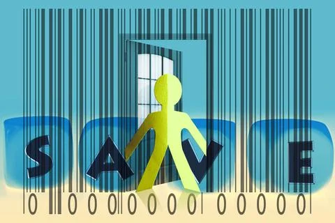 Paperman coming out of a bar code with Save word Paperman coming out of a ... Stock Photos