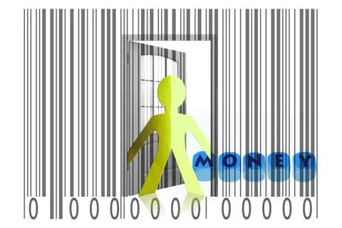Paperman coming out of a bar code with Money word Paperman coming out of a... Foto stock