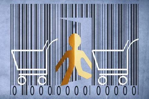 Paperman coming out of a bar code with shopping cart symbol Paperman comin... Stock-Fotos