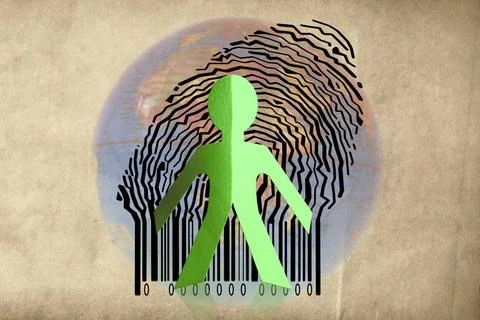 Paperman coming out of a bar code with Globe Paperman coming out of a bar ... Stock-Fotos