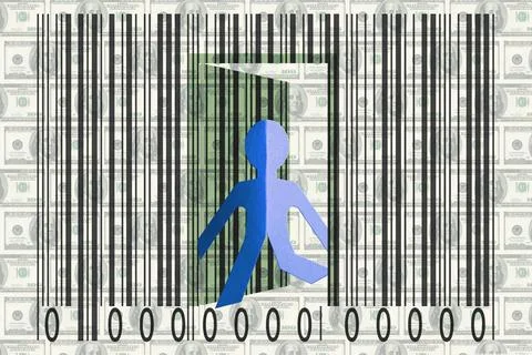 Paperman coming out of a bar code with Dollars as Backround Paperman comin... Foto stock