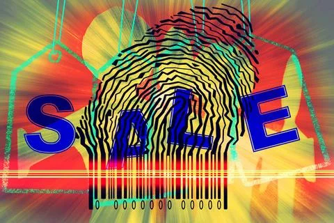 Paperman coming out of a bar code with Sale Word Paperman coming out of a ... Foto stock