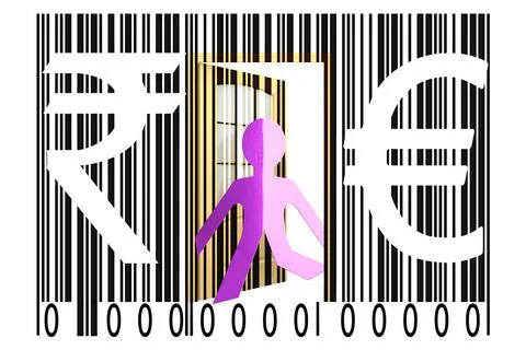 Paperman coming out of a bar code with Euro and Rupee Signs Paperman comin... Stock Photos