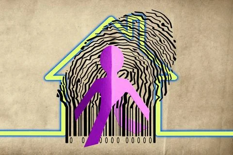 Paperman coming out of a bar code with Home Symbol Paperman coming out of ... 写真素材