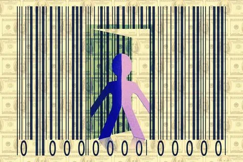 Paperman coming out of a bar code with Dollars as Backround Paperman comin... Foto stock