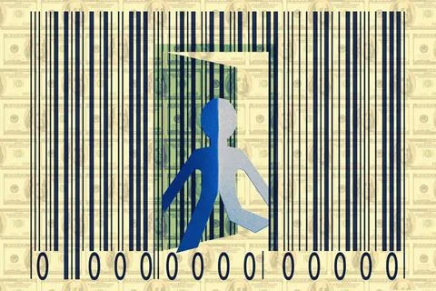 Paperman coming out of a bar code with Dollars as Backround Paperman comin... Stock-Fotos