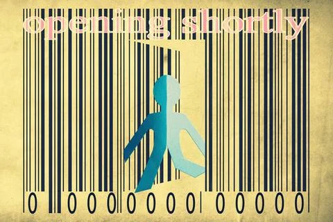 Paperman coming out of a bar code with Opening shortly Words Paperman comi... Stock-Fotos