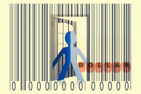 Paperman coming out of a bar code with Dollar word Paperman coming out of ... Stock Photos