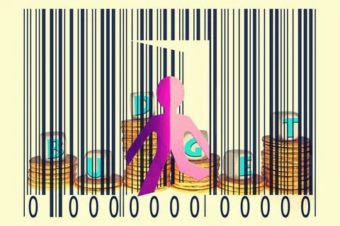 Paperman coming out of a bar code with Budget word Paperman coming out of ... Stock Photos
