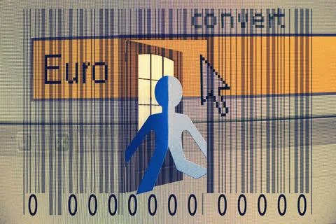 Paperman coming out of a bar code with Euro word Paperman coming out of a ... Stock-Fotos