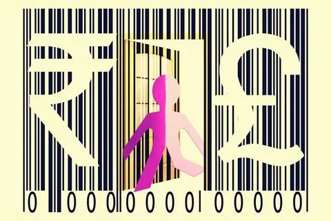 Paperman coming out of a bar code with Rupee and Pound Signs Paperman comi... Stock-Fotos