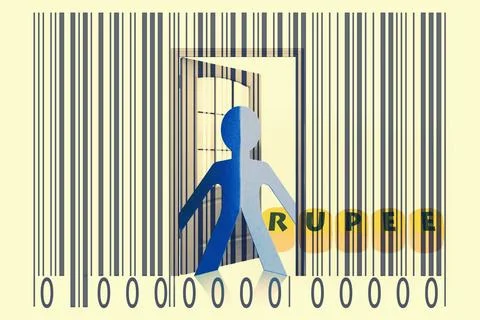 Paperman coming out of a bar code with Rupee word Paperman coming out of a... Foto stock