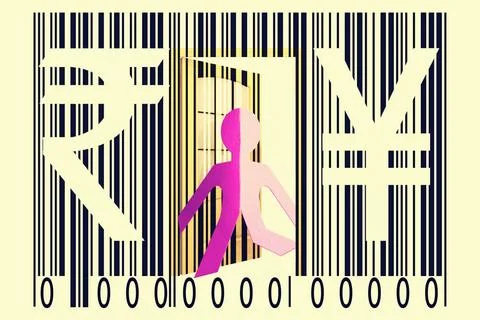 Paperman coming out of a bar code with Rupee and Yen Signs Paperman coming... Foto stock