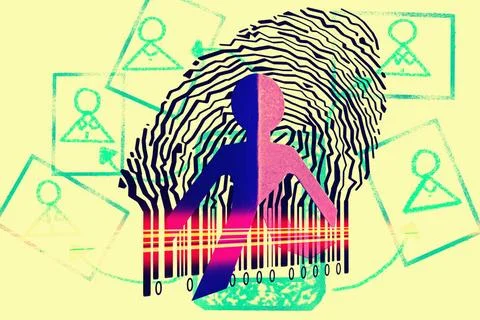 Paperman coming out of a bar code with Social Networking Paperman coming o... Stock-Fotos