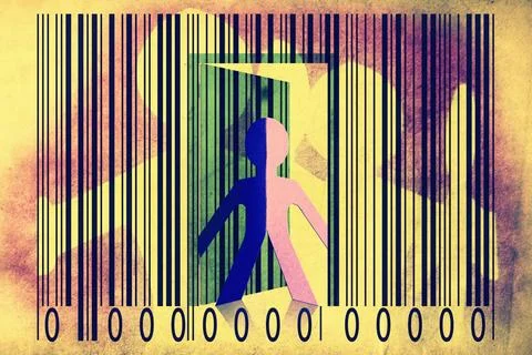 Paperman coming out of a bar code to go out Paperman coming out of a bar c... Stock-Fotos