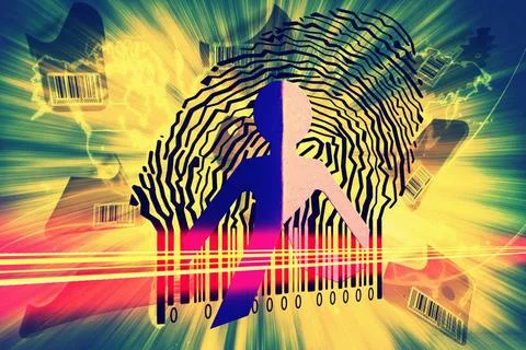 Paperman coming out of a bar code to go out Paperman coming out of a bar c... Stock-Fotos