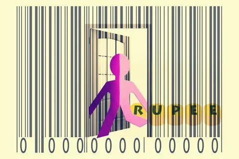 Paperman coming out of a bar code with Rupee word Paperman coming out of a... 写真素材