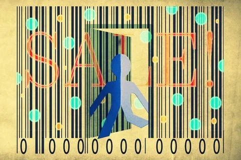 Paperman coming out of a bar code with Sale Word Paperman coming out of a ... Stock-Fotos