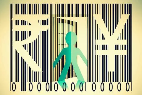 Paperman coming out of a bar code with Rupee and Yen Signs Paperman coming... Stock-Fotos